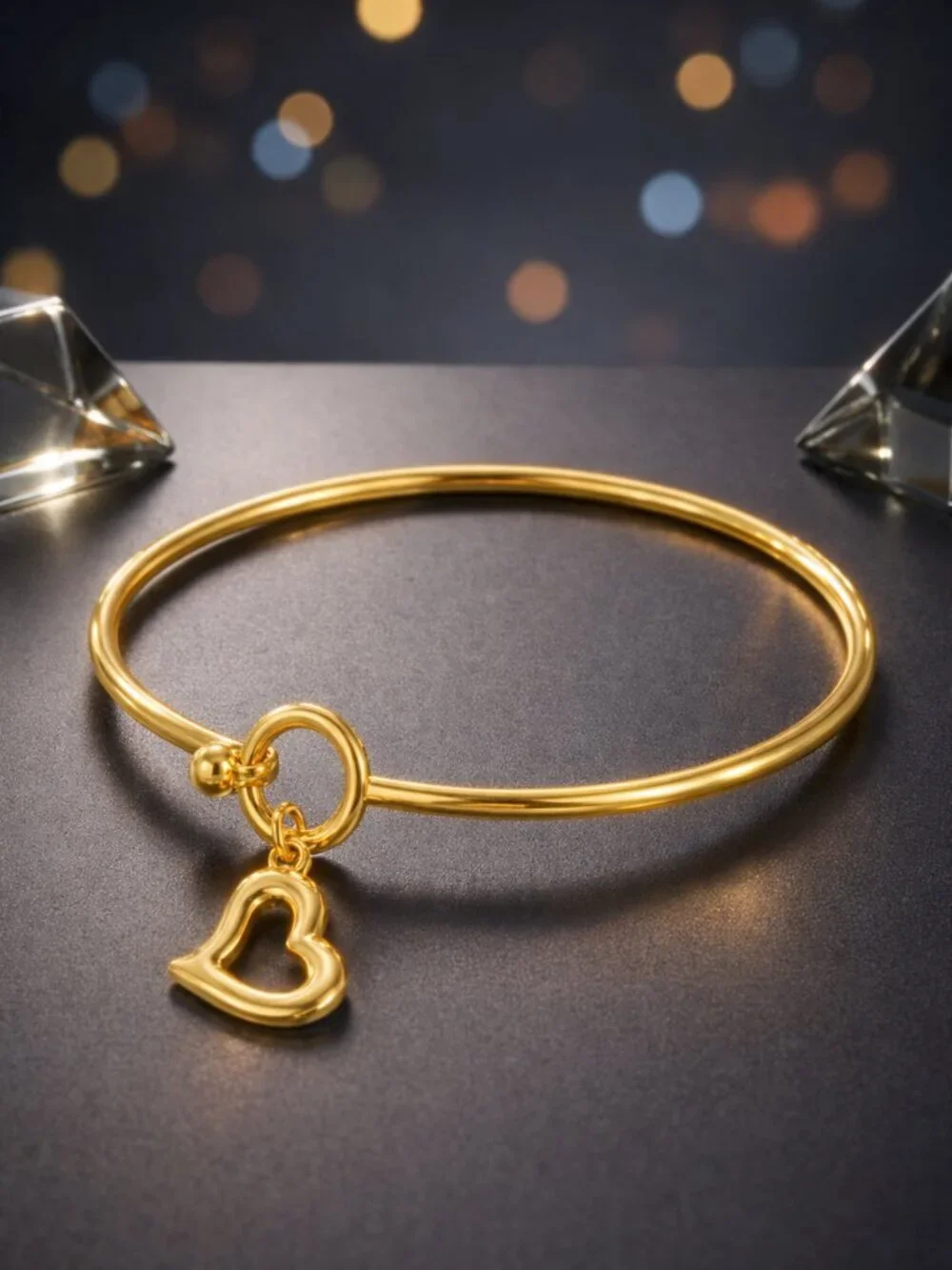Hollow Heart Charm Bangle Dainty Bracelet 18K Gold Plated 316L Stainless Steel - Picture 6 of 11